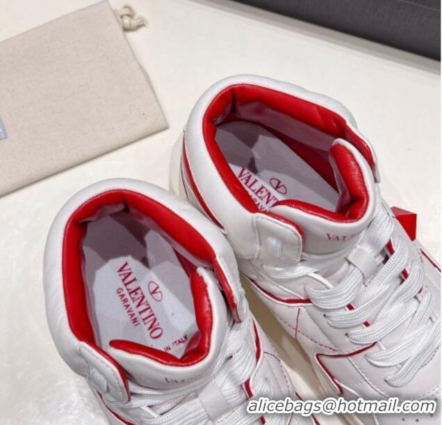 Grade Quality Valentino One Stud High-Top Nappa Sneakers White/Red 062532