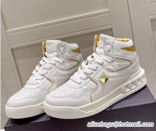  ​Classic Valentino One Stud High-Top Nappa Sneakers White/Gold 062534