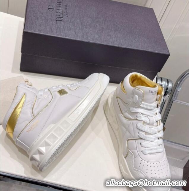  ​Classic Valentino One Stud High-Top Nappa Sneakers White/Gold 062534