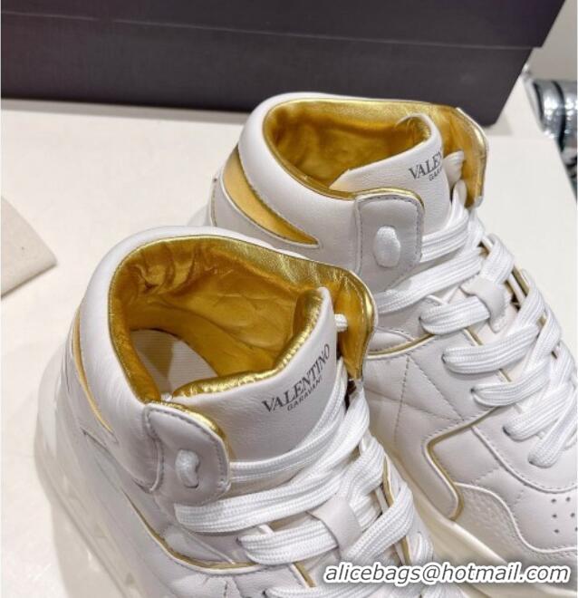  ​Classic Valentino One Stud High-Top Nappa Sneakers White/Gold 062534