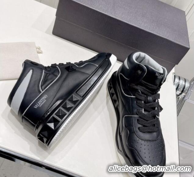 Stylish Valentino One Stud High-Top Nappa Sneakers Black/Grey 062535