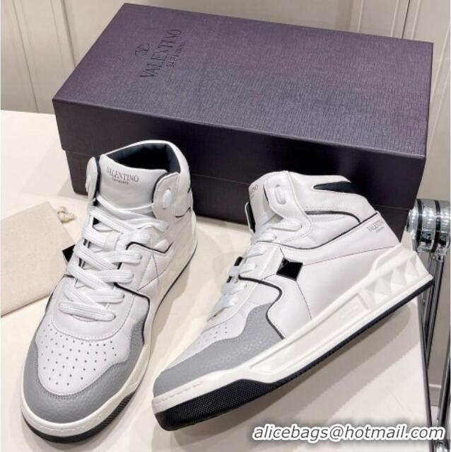 Luxury Valentino One Stud High-Top Nappa Sneakers White/Grey 062537