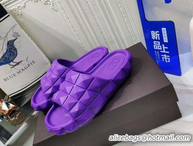 Discount Valentino Roman Stud Turtle Rubger Slide Sandals Purple 070445