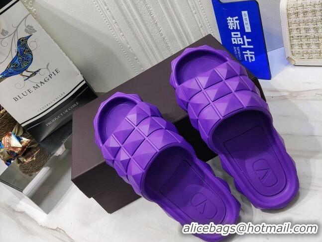 Discount Valentino Roman Stud Turtle Rubger Slide Sandals Purple 070445