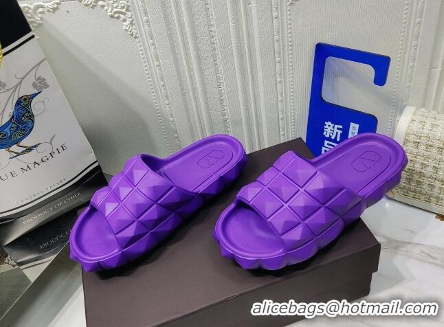 Discount Valentino Roman Stud Turtle Rubger Slide Sandals Purple 070445