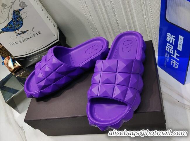 Discount Valentino Roman Stud Turtle Rubger Slide Sandals Purple 070445