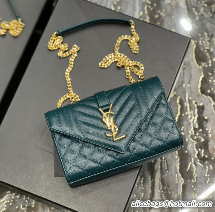 Promotional SAINT LAURENT MONOGRAM CHAIN WALLET IN MIX MATELASSE GRAIN DE POUDRE EMBOSSED LEATHER 620280 GREEN