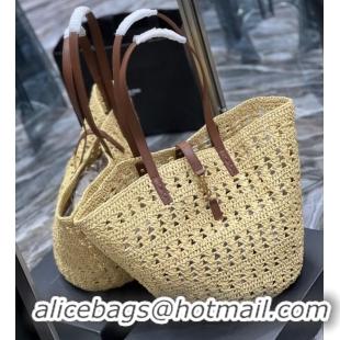 Good Product SAINT LAURENT PANIER MEDIUM BAG IN CROCHET RAFFIA AND SMOOTH LEATHER 688221 NATUREL