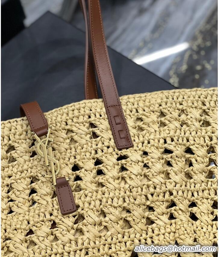 Good Product SAINT LAURENT PANIER MEDIUM BAG IN CROCHET RAFFIA AND SMOOTH LEATHER 688221 NATUREL