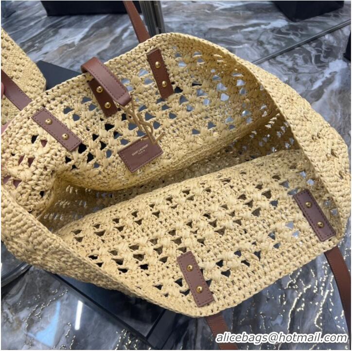 Good Product SAINT LAURENT PANIER MEDIUM BAG IN CROCHET RAFFIA AND SMOOTH LEATHER 688221 NATUREL