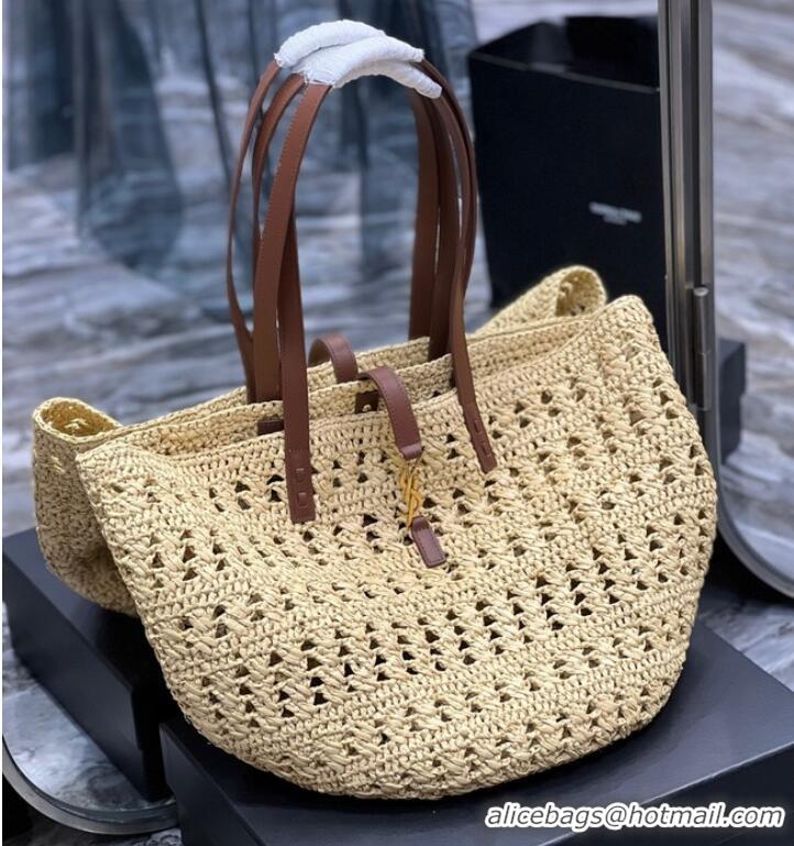 Good Product SAINT LAURENT PANIER MEDIUM BAG IN CROCHET RAFFIA AND SMOOTH LEATHER 688221 NATUREL