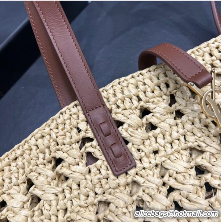 Good Product SAINT LAURENT PANIER MEDIUM BAG IN CROCHET RAFFIA AND SMOOTH LEATHER 688221 NATUREL