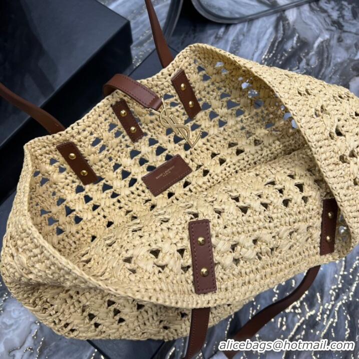 Good Product SAINT LAURENT PANIER MEDIUM BAG IN CROCHET RAFFIA AND SMOOTH LEATHER 688221 NATUREL