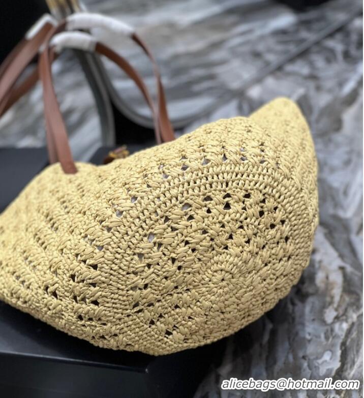 Good Product SAINT LAURENT PANIER MEDIUM BAG IN CROCHET RAFFIA AND SMOOTH LEATHER 688221 NATUREL