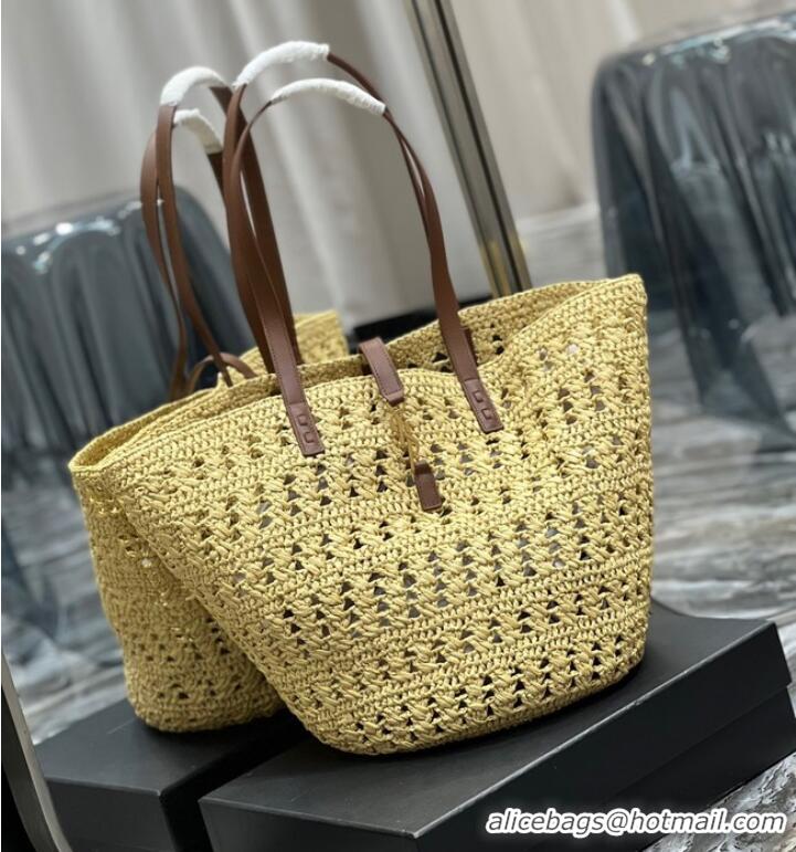 Good Product SAINT LAURENT PANIER MEDIUM BAG IN CROCHET RAFFIA AND SMOOTH LEATHER 688221 NATUREL