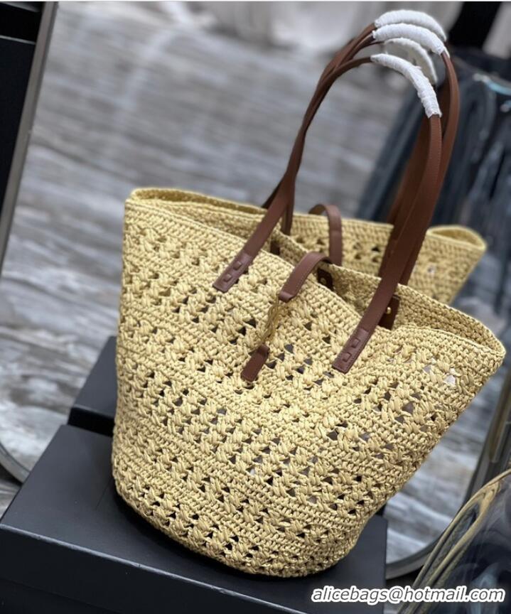 Good Product SAINT LAURENT PANIER MEDIUM BAG IN CROCHET RAFFIA AND SMOOTH LEATHER 688221 NATUREL