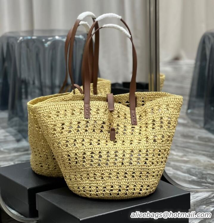 Good Product SAINT LAURENT PANIER MEDIUM BAG IN CROCHET RAFFIA AND SMOOTH LEATHER 688221 NATUREL