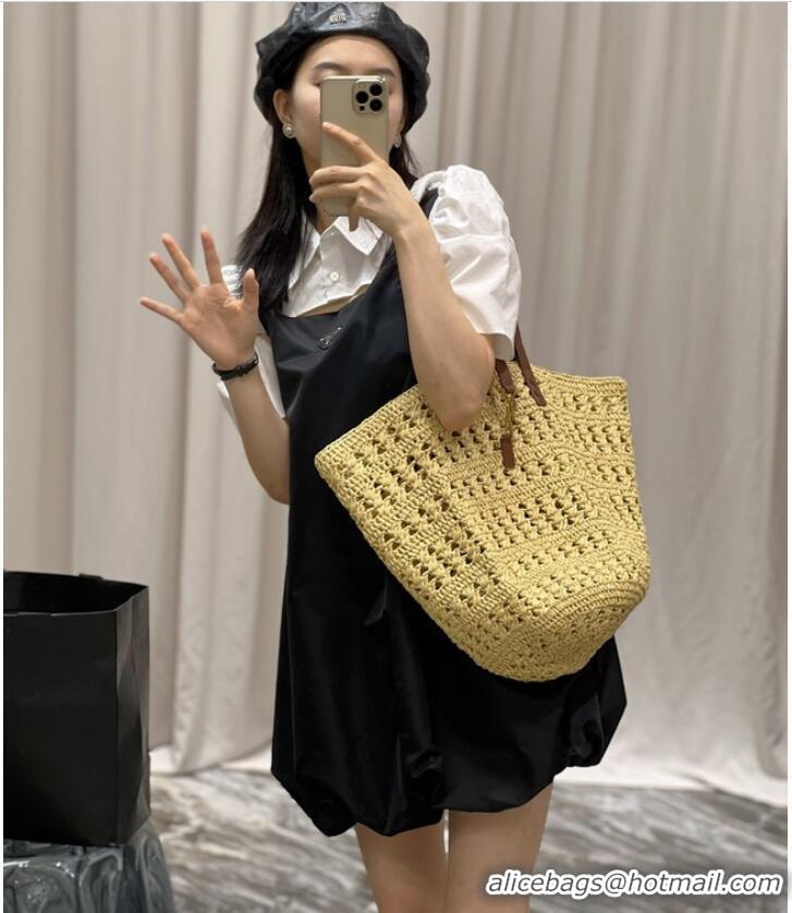 Good Product SAINT LAURENT PANIER MEDIUM BAG IN CROCHET RAFFIA AND SMOOTH LEATHER 688221 NATUREL