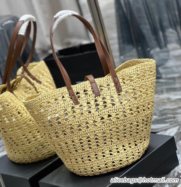 Good Product SAINT LAURENT PANIER MEDIUM BAG IN CROCHET RAFFIA AND SMOOTH LEATHER 688221 NATUREL