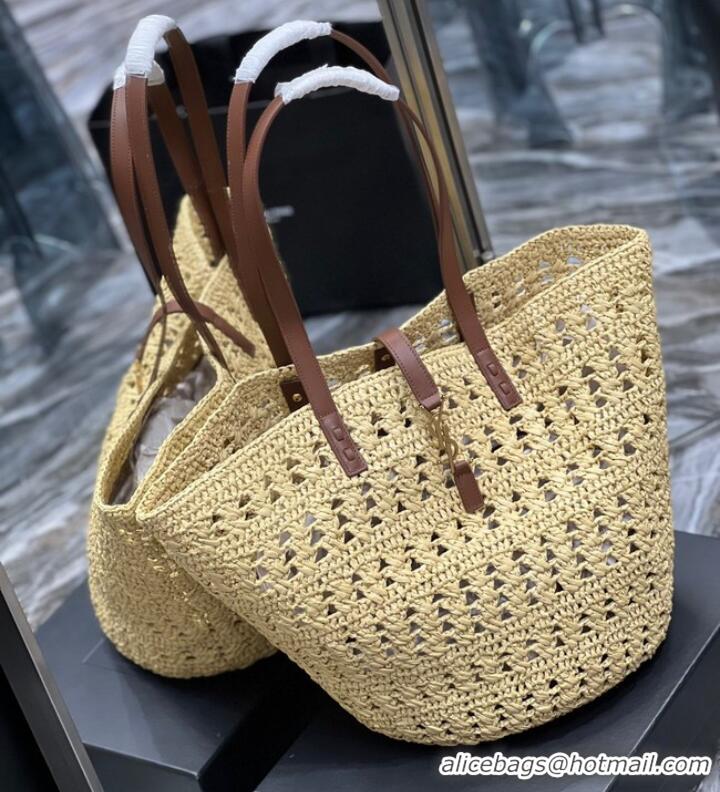 Good Product SAINT LAURENT PANIER MEDIUM BAG IN CROCHET RAFFIA AND SMOOTH LEATHER 688221 NATUREL