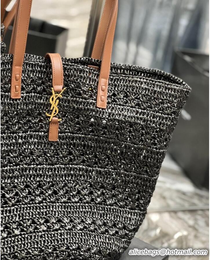 Good Product SAINT LAURENT PANIER MEDIUM BAG IN CROCHET RAFFIA AND SMOOTH LEATHER 688221 NOIR