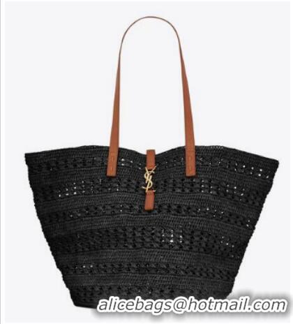 Good Product SAINT LAURENT PANIER MEDIUM BAG IN CROCHET RAFFIA AND SMOOTH LEATHER 688221 NOIR