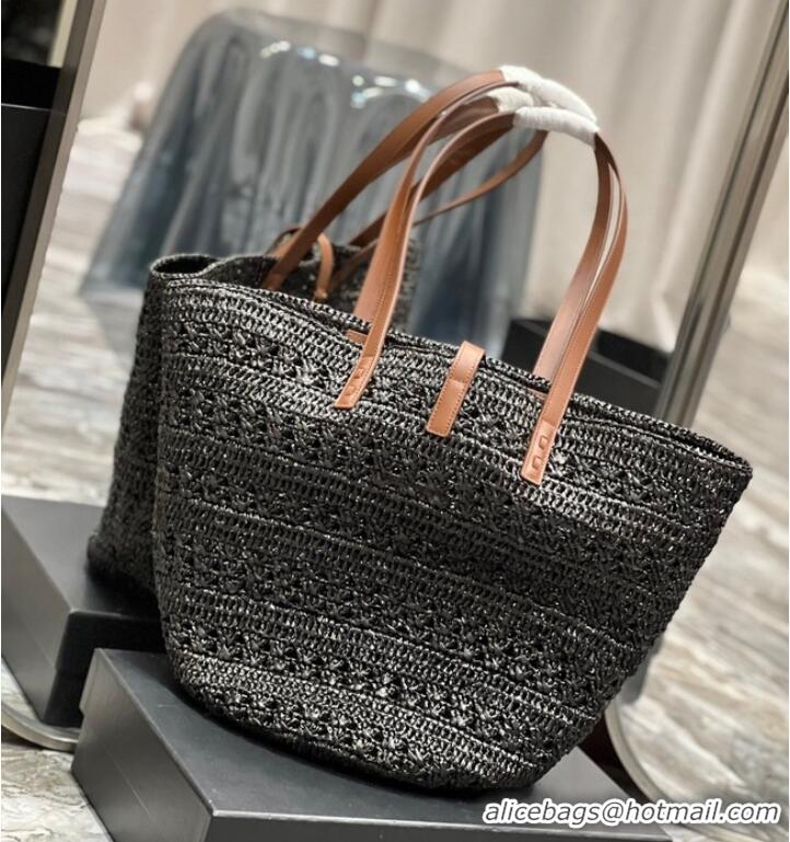 Good Product SAINT LAURENT PANIER MEDIUM BAG IN CROCHET RAFFIA AND SMOOTH LEATHER 688221 NOIR