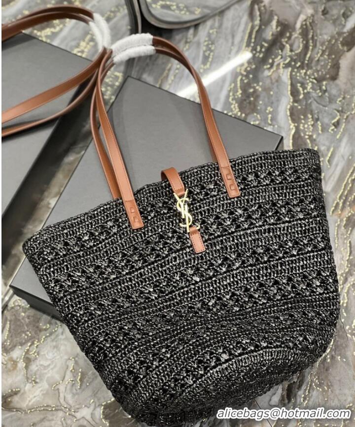 Good Product SAINT LAURENT PANIER MEDIUM BAG IN CROCHET RAFFIA AND SMOOTH LEATHER 688221 NOIR