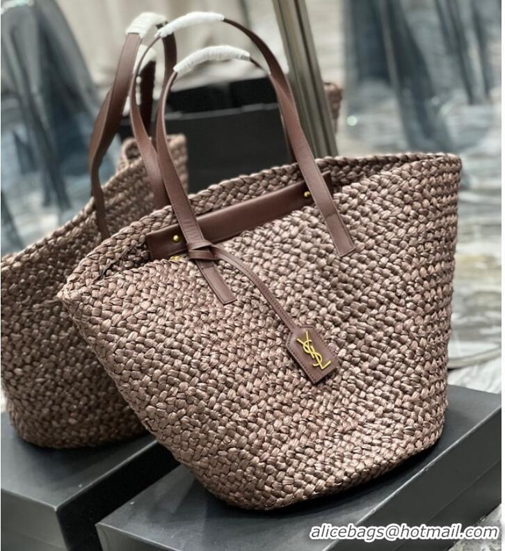 Discount SAINT LAURENT PANIER MEDIUM BAG IN RAFFIA 693242 Coffee