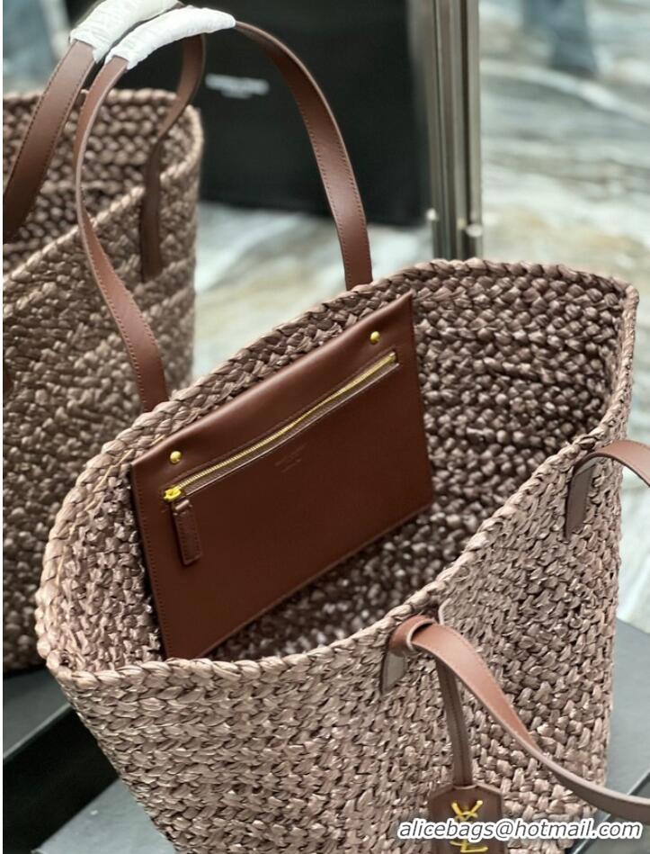 Discount SAINT LAURENT PANIER MEDIUM BAG IN RAFFIA 693242 Coffee