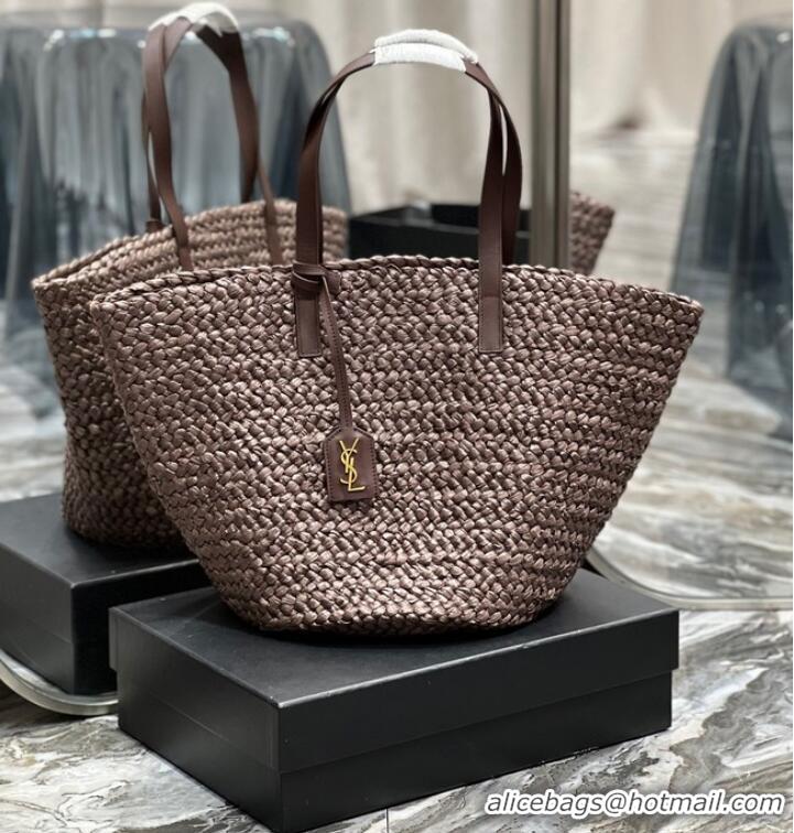 Discount SAINT LAURENT PANIER MEDIUM BAG IN RAFFIA 693242 Coffee