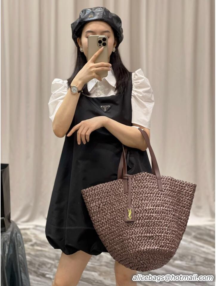 Discount SAINT LAURENT PANIER MEDIUM BAG IN RAFFIA 693242 Coffee