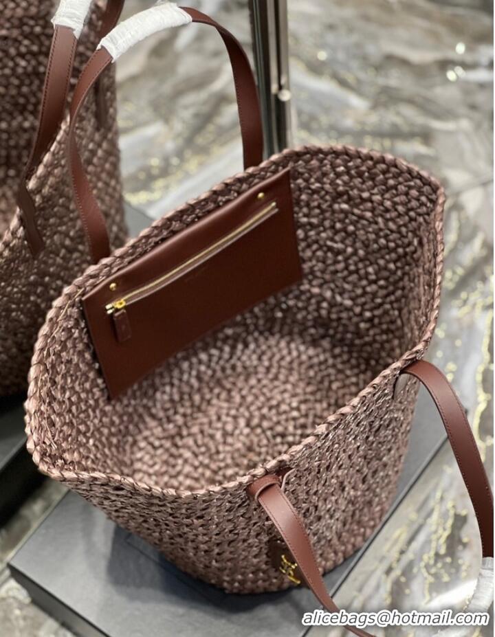 Discount SAINT LAURENT PANIER MEDIUM BAG IN RAFFIA 693242 Coffee