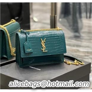 Inexpensive SAINT LAUREN SUNSET MEDIUM CHAIN BAG IN CROCODILE-EMBOSSED SHINY LEATHER 422906 SEA TURQUOISE