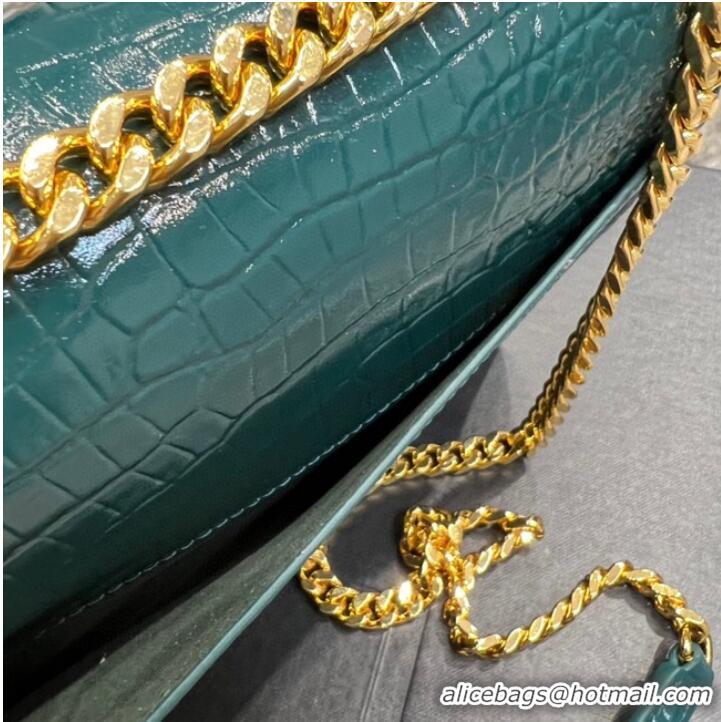 Inexpensive SAINT LAUREN SUNSET MEDIUM CHAIN BAG IN CROCODILE-EMBOSSED SHINY LEATHER 422906 SEA TURQUOISE