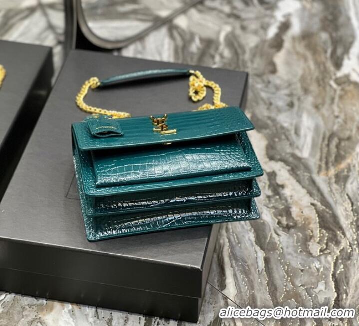 Inexpensive SAINT LAUREN SUNSET MEDIUM CHAIN BAG IN CROCODILE-EMBOSSED SHINY LEATHER 422906 SEA TURQUOISE