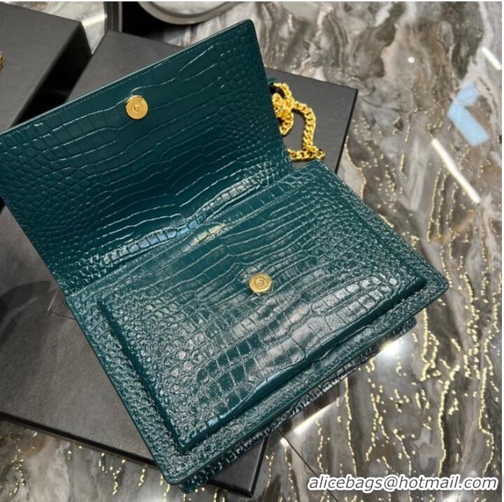 Inexpensive SAINT LAUREN SUNSET MEDIUM CHAIN BAG IN CROCODILE-EMBOSSED SHINY LEATHER 422906 SEA TURQUOISE