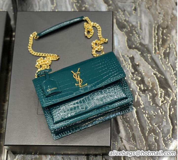 Inexpensive SAINT LAUREN SUNSET MEDIUM CHAIN BAG IN CROCODILE-EMBOSSED SHINY LEATHER 422906 SEA TURQUOISE