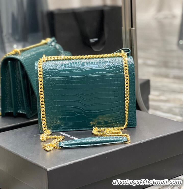 Inexpensive SAINT LAUREN SUNSET MEDIUM CHAIN BAG IN CROCODILE-EMBOSSED SHINY LEATHER 422906 SEA TURQUOISE