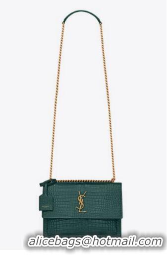 Inexpensive SAINT LAUREN SUNSET MEDIUM CHAIN BAG IN CROCODILE-EMBOSSED SHINY LEATHER 422906 SEA TURQUOISE