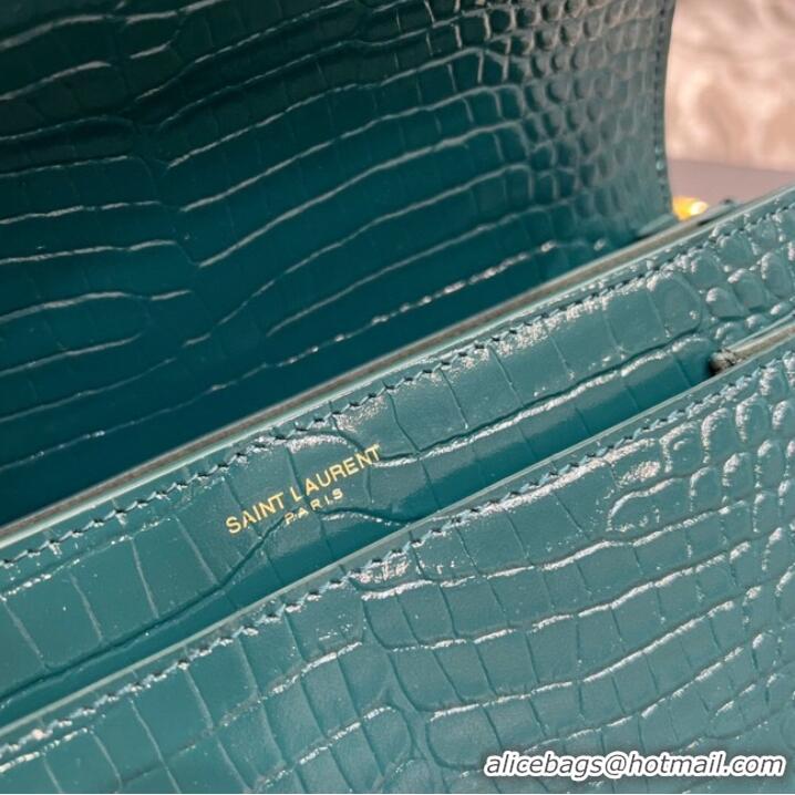 Inexpensive SAINT LAUREN SUNSET MEDIUM CHAIN BAG IN CROCODILE-EMBOSSED SHINY LEATHER 422906 SEA TURQUOISE