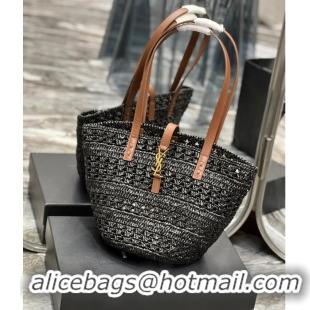 Buy Fashionable SAINT LAUREN PANIER SMALL BAG IN CROCHET RAFFIA AND SMOOTH LEATHER 685618 black