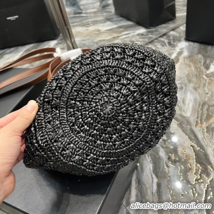 Buy Fashionable SAINT LAUREN PANIER SMALL BAG IN CROCHET RAFFIA AND SMOOTH LEATHER 685618 black