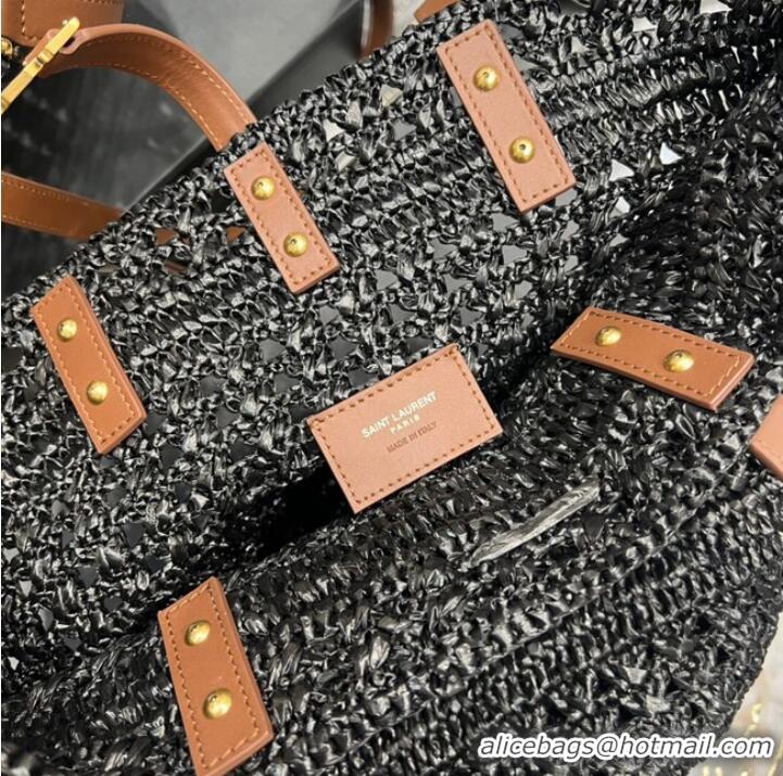 Buy Fashionable SAINT LAUREN PANIER SMALL BAG IN CROCHET RAFFIA AND SMOOTH LEATHER 685618 black