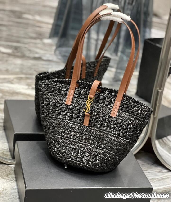 Buy Fashionable SAINT LAUREN PANIER SMALL BAG IN CROCHET RAFFIA AND SMOOTH LEATHER 685618 black