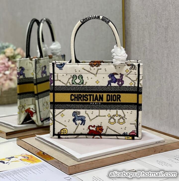 Top Quality SMALL DIOR BOOK TOTE Latte Multicolor Dior Pixel Zodiac Embroidery M1265ZRTY