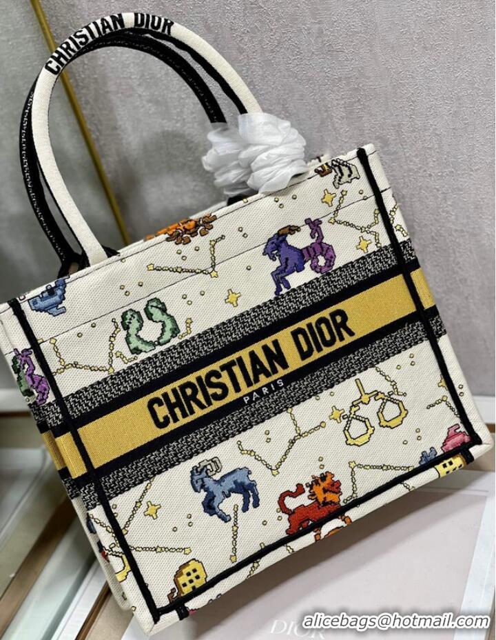 Top Quality SMALL DIOR BOOK TOTE Latte Multicolor Dior Pixel Zodiac Embroidery M1265ZRTY