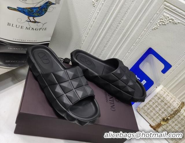 Top Design Valentino Roman Stud Turtle Rubger Slide Sandals Black 070448