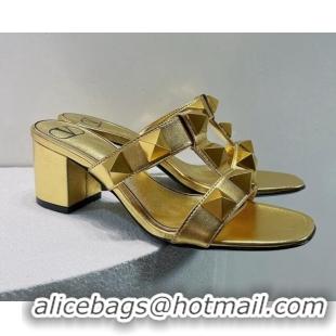 Most Popular Valentino Roman Stud Leather Medium Heel Slide Sandals 4.5cm Gold 070450