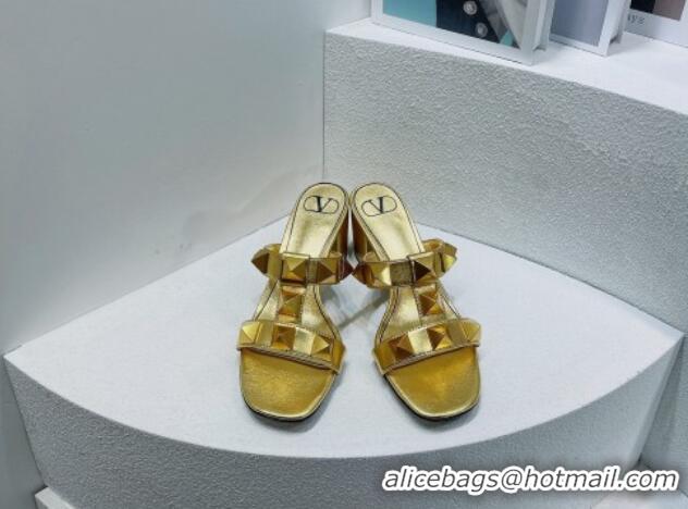 Most Popular Valentino Roman Stud Leather Medium Heel Slide Sandals 4.5cm Gold 070450